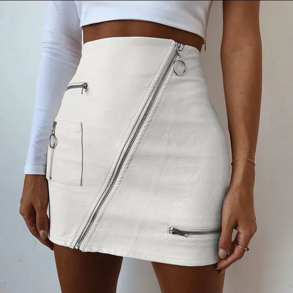 PU Leather Zipper High Waist Mini Skirt