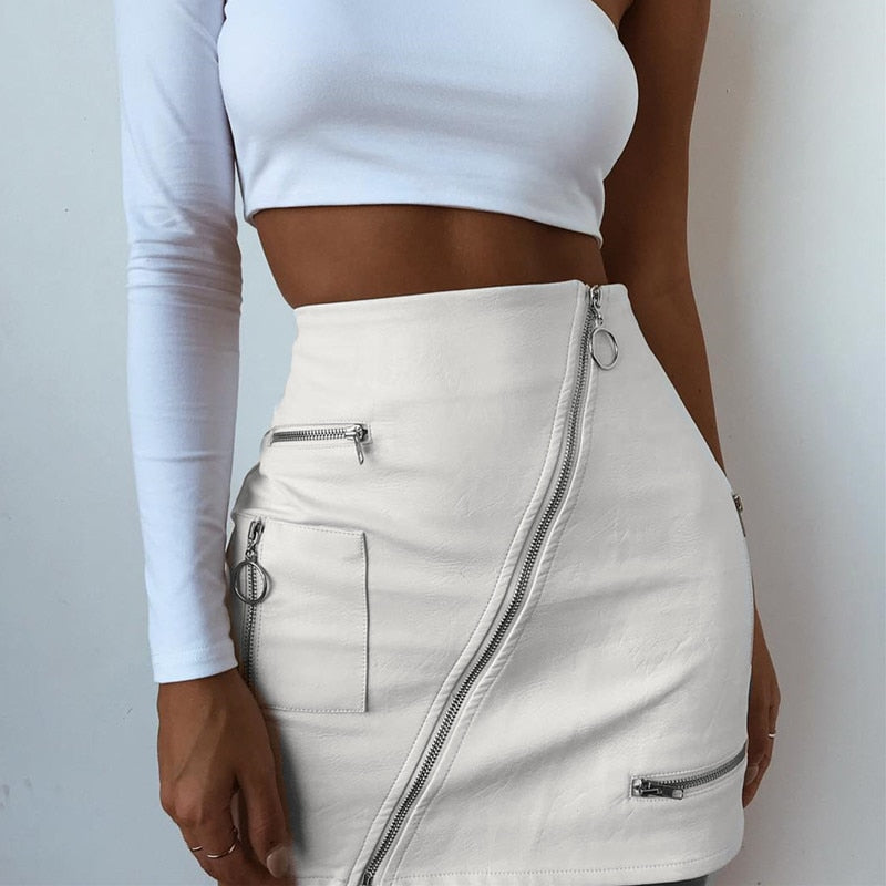 PU Leather Zipper High Waist Mini Skirt